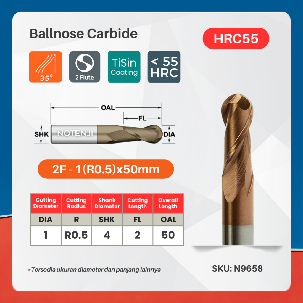 Ballnose R0.5 x 50 มม.คาร์ไบด์ 2 ขลุ่ย HRC55 - เส้นผ่านศูนย์กลางจมูกบอล 1 มม. R0.5x50