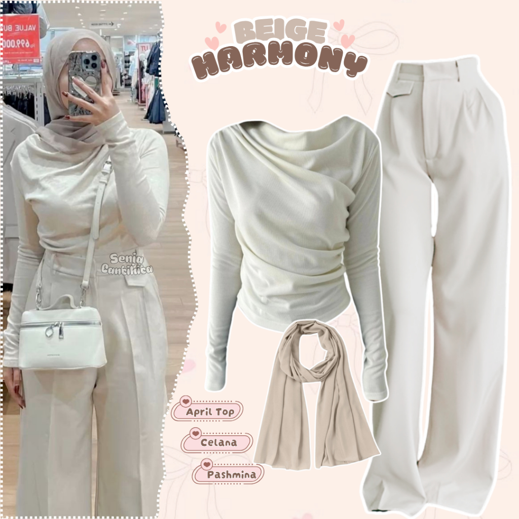 One Set 3in1 Beige Harmony (April Top BW Oro Pants Ivory และ Pashmina Hijab) - SC065