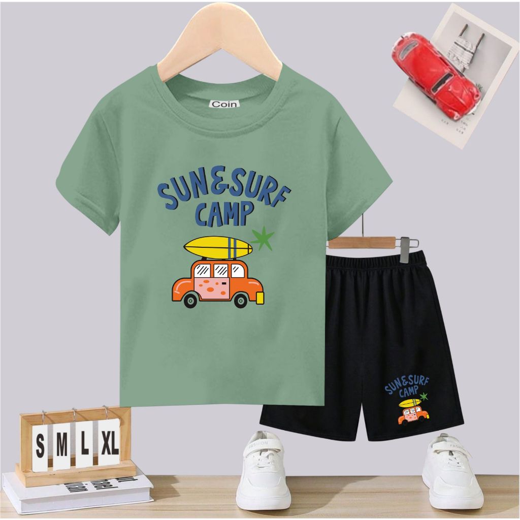 UNISEX CHILDRENS SET SUN SURF CAMP DESIGN SHORT SLEEVE AGES 2-10 ปี