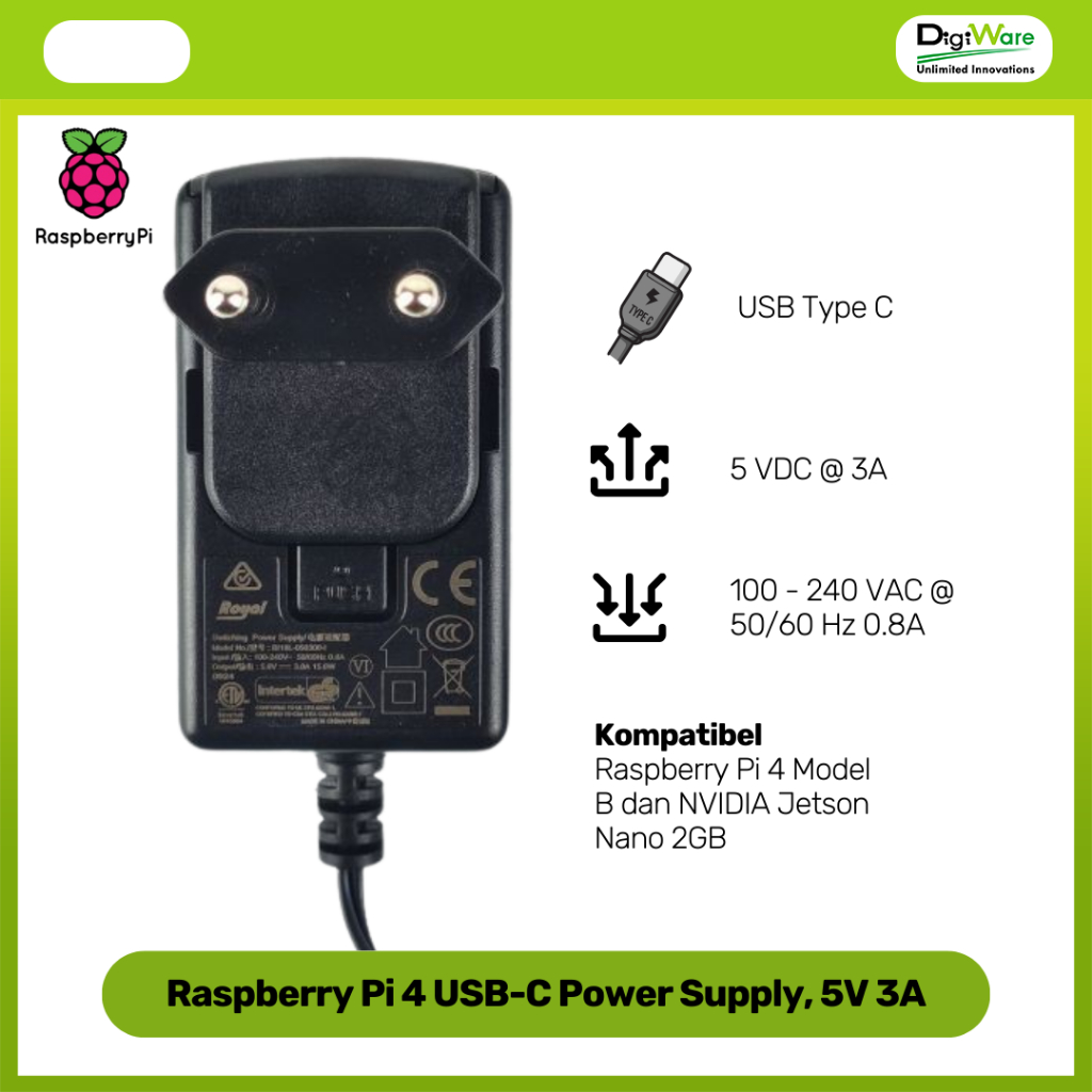 Raspberry Pi 4 USB-C Power Supply Adapter, 5V / 3A
