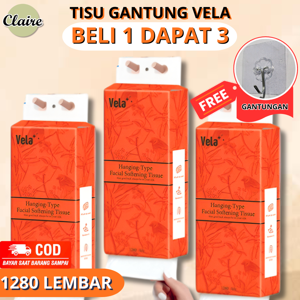 GANTUNGAN VELA 3PLY DRY TISSUE 1280 แผ่น / SOFT FACIAL TISSUE / ไม้แขวนเสื้อฟรี