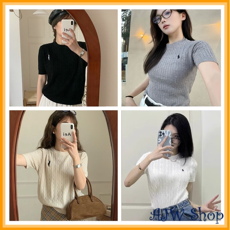 AJW Womens Cable Knit Polo Top สไตล์เกาหลี HCE | เกาหลีเสื้อลําลองโปโลลายนูนเสื้อยืดด้านบน | เสื้อถั