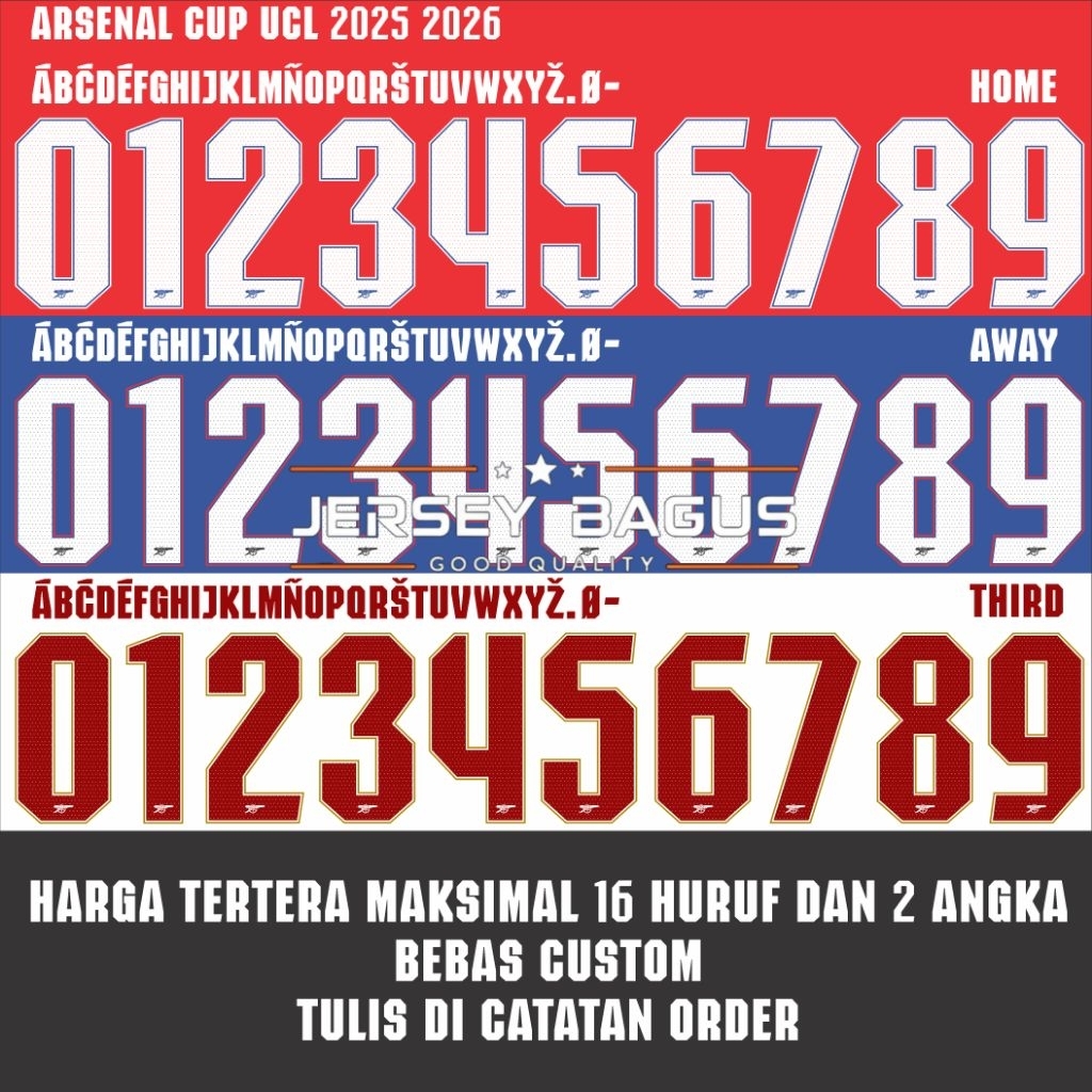 ARSENAL CUP NAMESET UCL PRINTING DTF 2025/2026 (ราคารายชื่อตัวอักษรสูงสุด 16 ตัว และตัวเลข 2 ตัว)