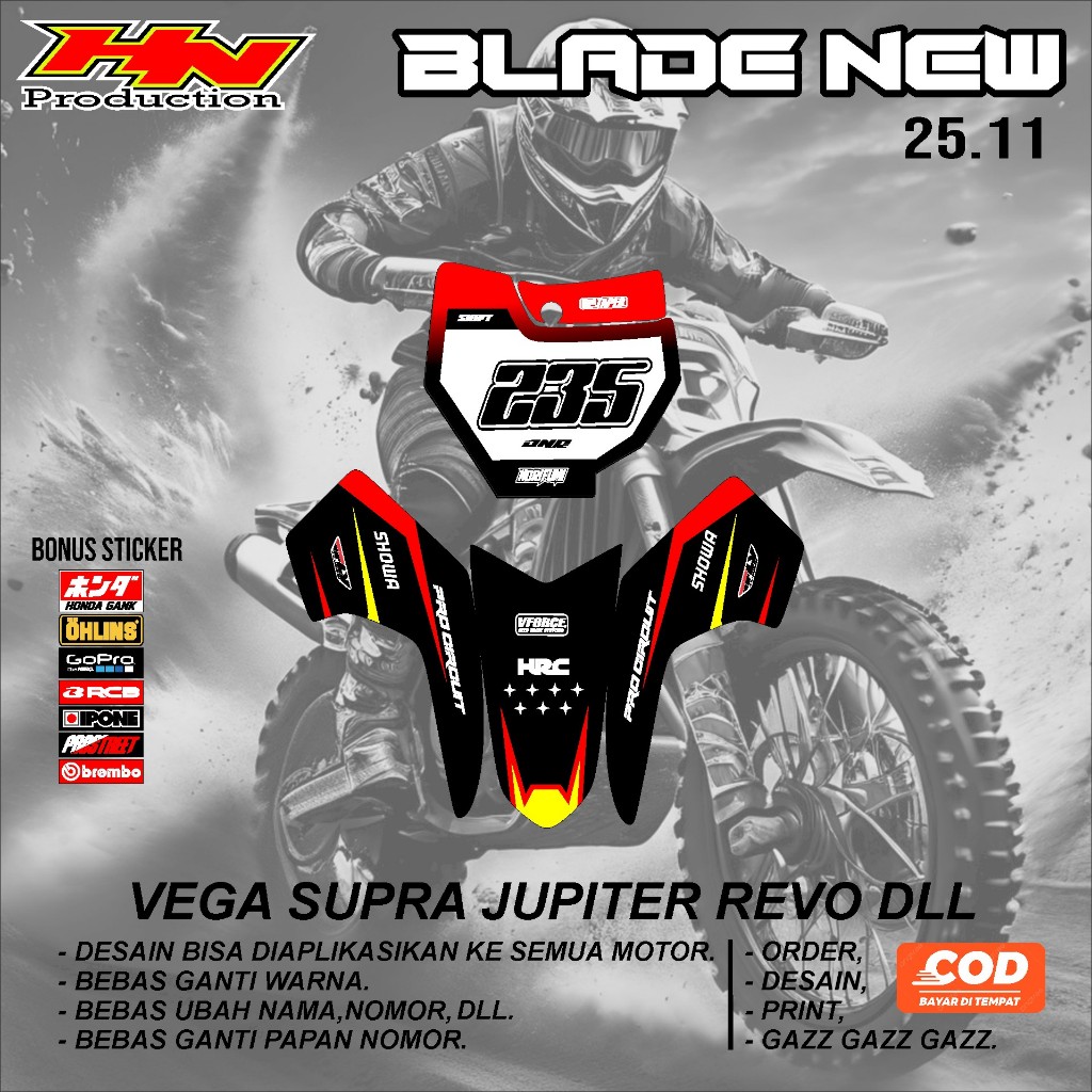 สติ๊กเกอร์รูปลอกหมายเลขแผ่น+บังโคลนหน้า honda blade ใหม่ MOTOR CRF KLX 150 KLX BF KLX GORDON DTRACKE
