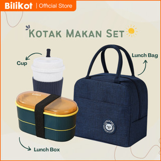 Bilikot 3in1 Kotak Makan Set Lunch Box Bento 700ml Tempat Bekal Wheatstraw Microwaveable Free Sendok