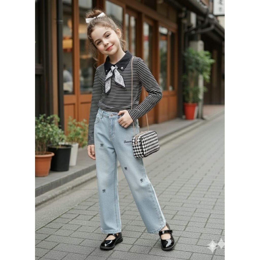 NV-016 Imported GIRLS LONG CLOTHS SET AGE 7-13 YARS 3IN1 ผ้าชุดฟรี SCARF COOL STRIPED KNIT LONG-SLEE