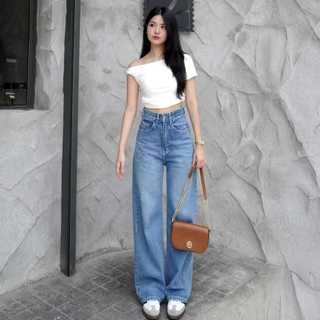 JO Celana jeans high waist wanita korean style Jeans baggy pants Serbaguna Kasual Biru Retro