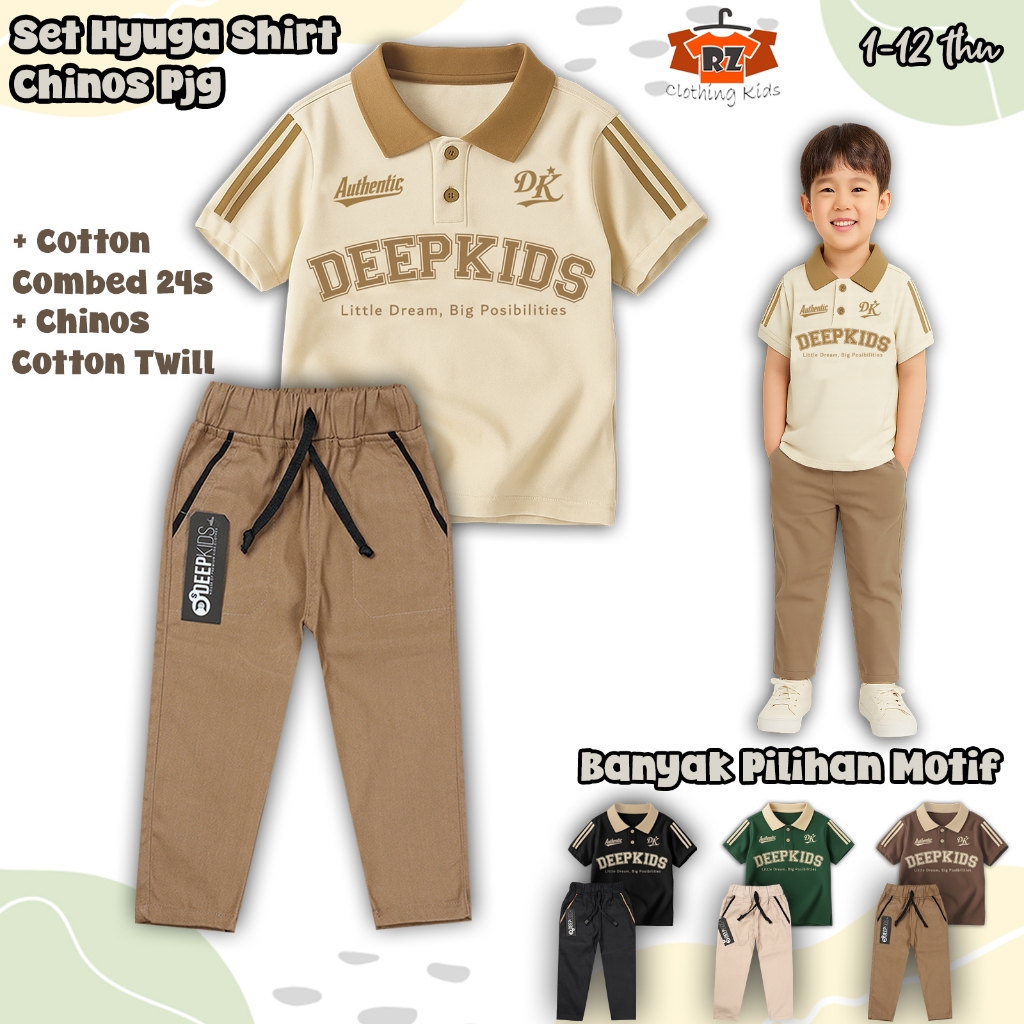 เสื้อยืดคอปกโปโลเด็กผู้ชาย & กางเกงชิโนยาวชุดทําจากผ้าฝ้ายหวี 24ส และผ้าฝ้ายพรีเมี่ยมสิ่งทอลายทแยงอา