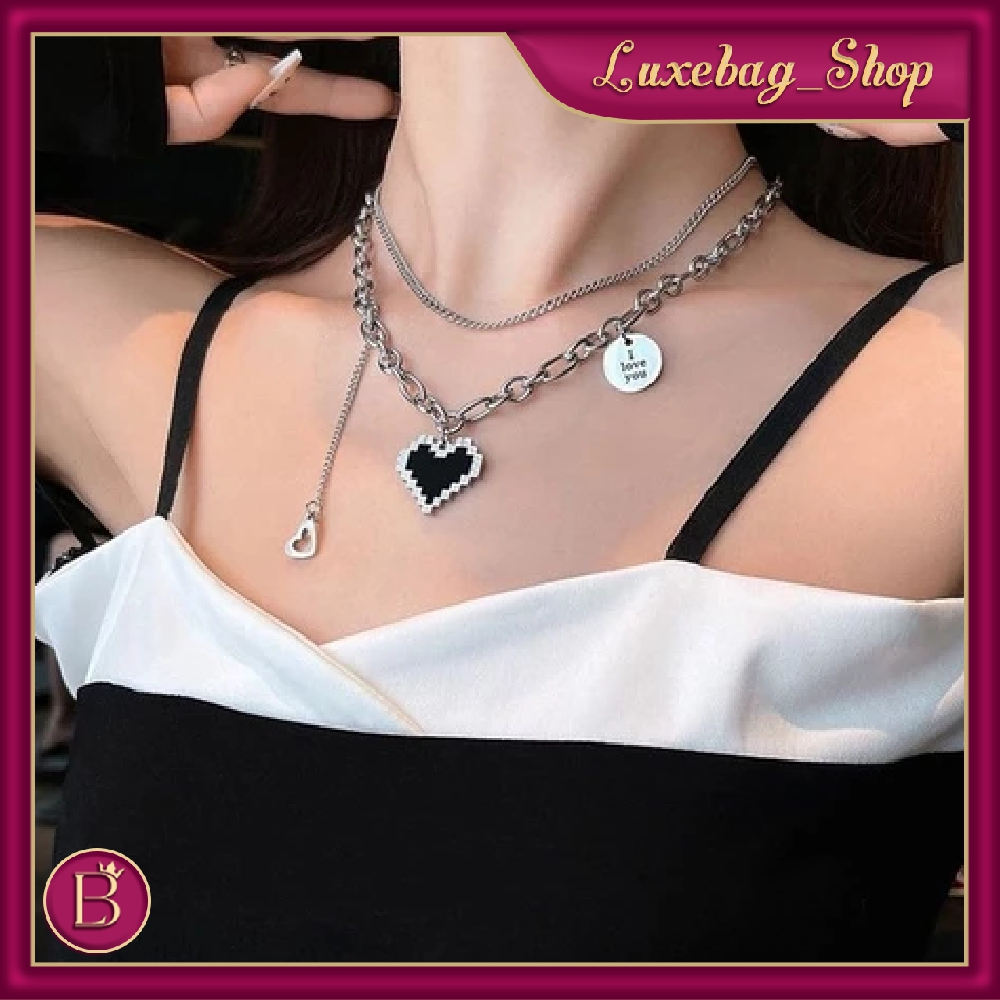 LB - Love Mozzaik สร้อยคอสไตล์เกาหลี 2 ชั้น Unisex โลหะผสมเงิน E-Girl Y2k A196