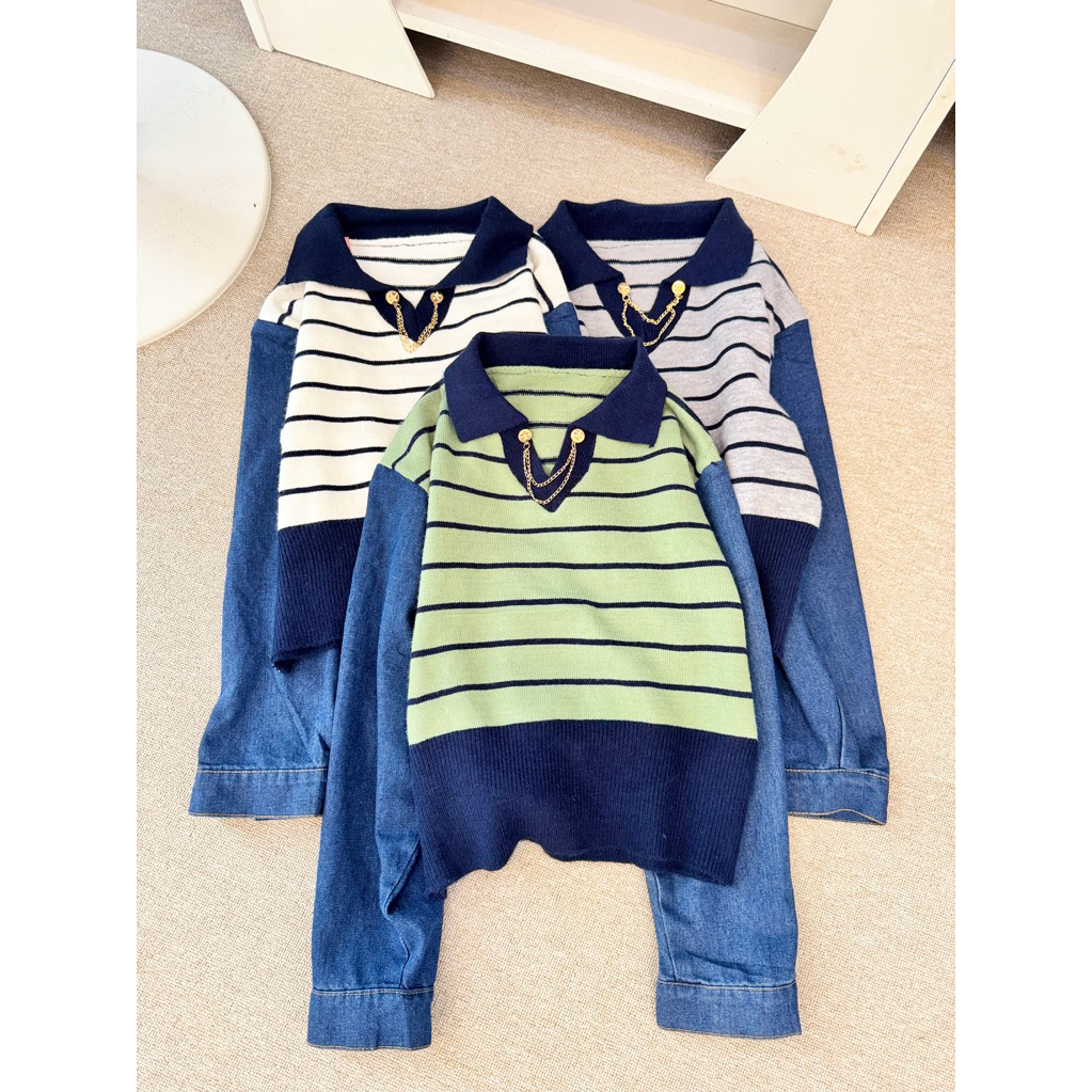 เสื้อสเวตเตอร์ลายทางผสมเดนิม| C76