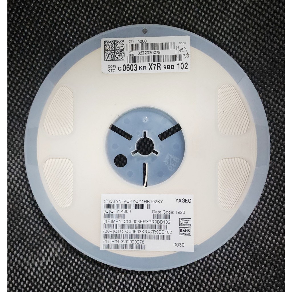 คาปาซิเตอร์ SMD 250V 1000pF ± 3% Yageo CC0603KRX7R9BB102 - ราคาต่อ 20 ชิ้น