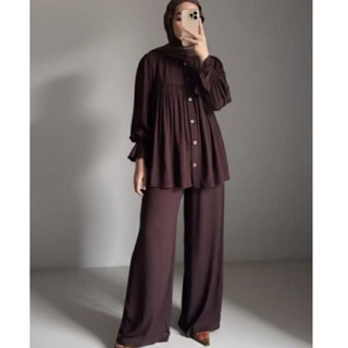 Jena Set Rayon Twill Polos One Set Setelan Wanita Bahan Rayon Twill Polos Jumbo Lengan Puffy Smoke