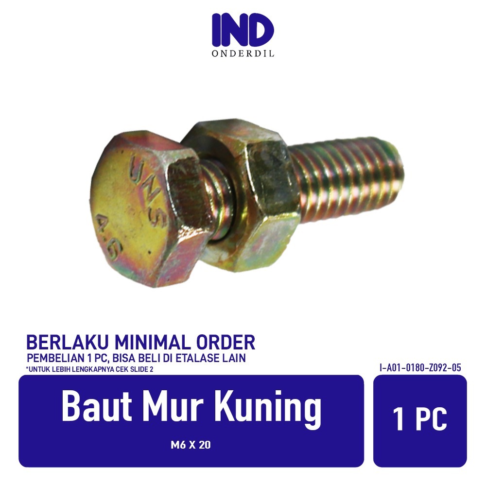 IND อะไหล่ Bolt Nut M6 X 20 M 6 x 20 6 20 6x20 Bolt Nut สีเหลือง Hex หกเหลี่ยม
