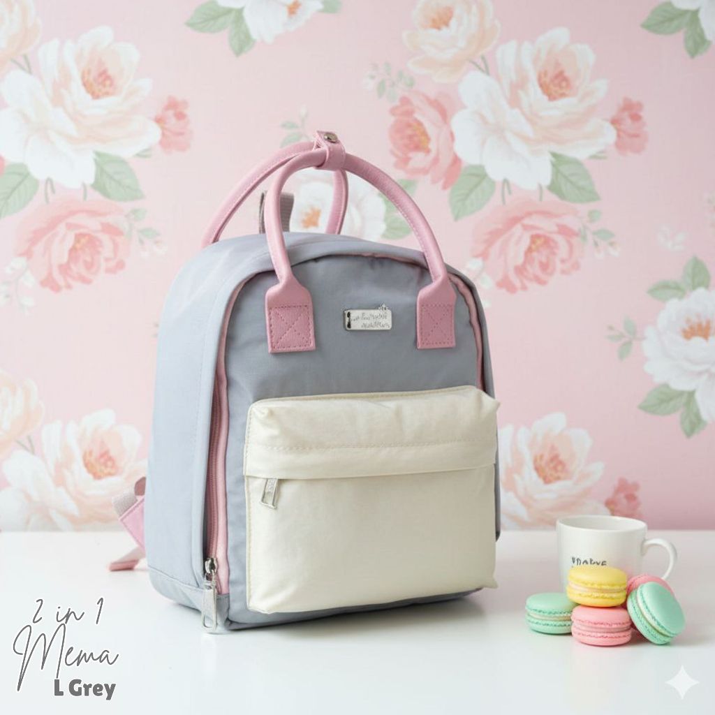 2 in 1 Color House Mini Canvas Backpack / Sling Bag Mema L Grey ขนาด 20 x 11 x 25 cm