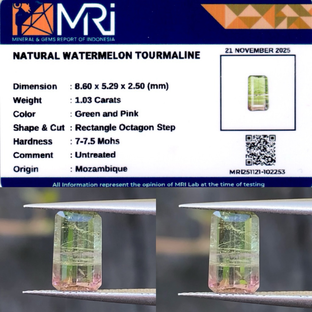 1.03 cs Natural Watermelon Tourmaline origin Mozombique No Treatment Memo MRI