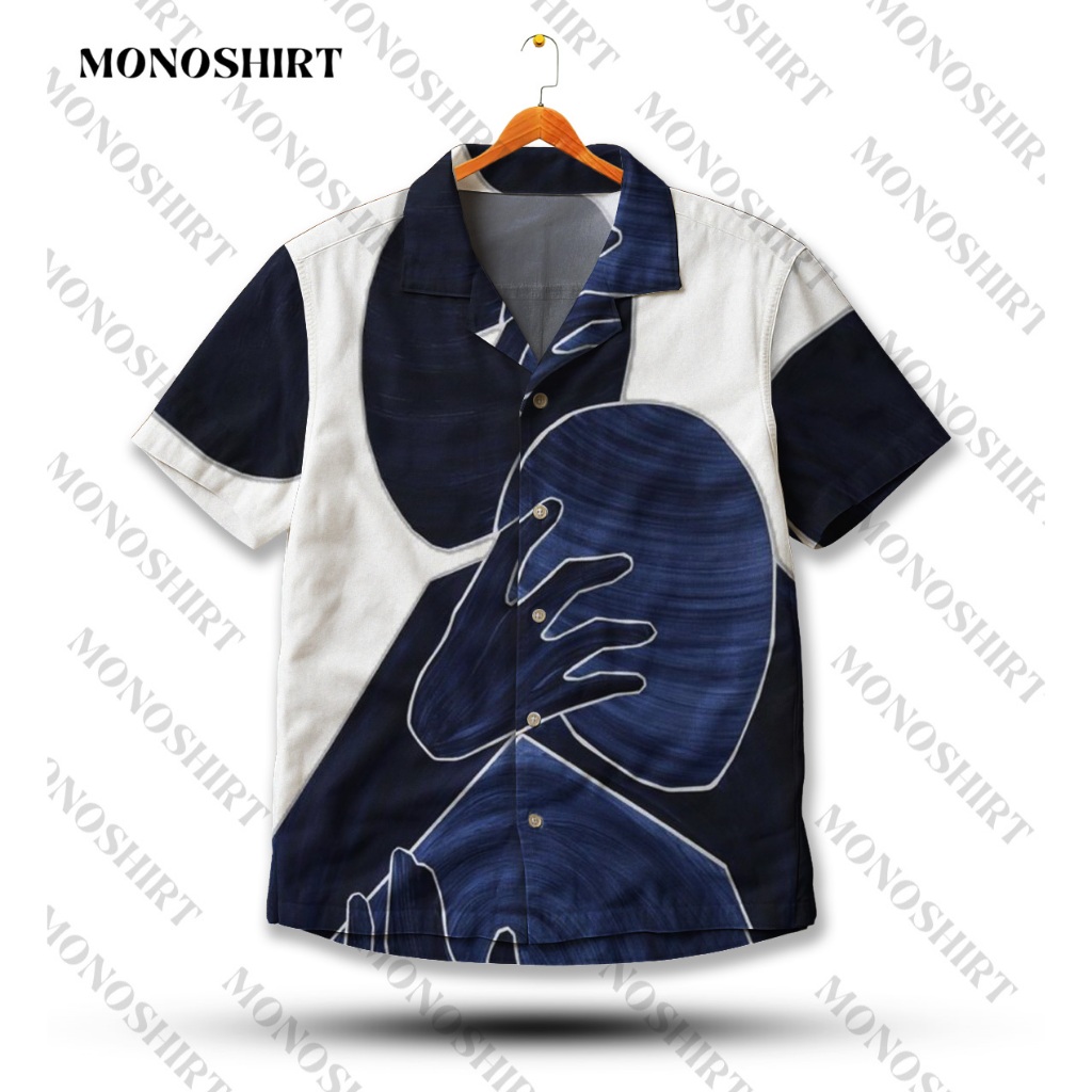 KEMEJA MONO เสื้อฮาวายผู้ชายบทคัดย่อ Silhouette Design Blue White Full Print Short Sleeve | MS-789