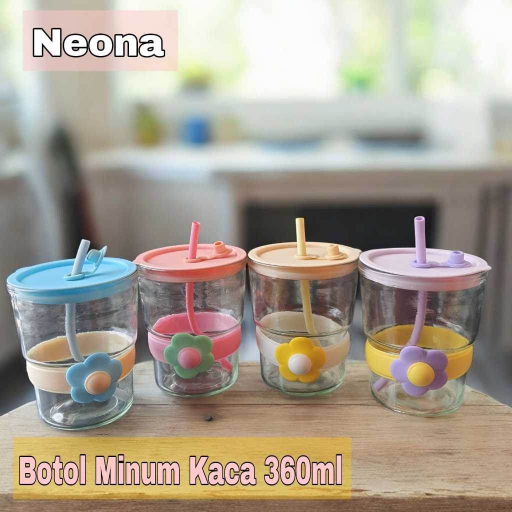 ขวดน้ําดื่มแก้ว 360 มล. - ขวดลายดอกไม้ Neona พร้อมหลอด