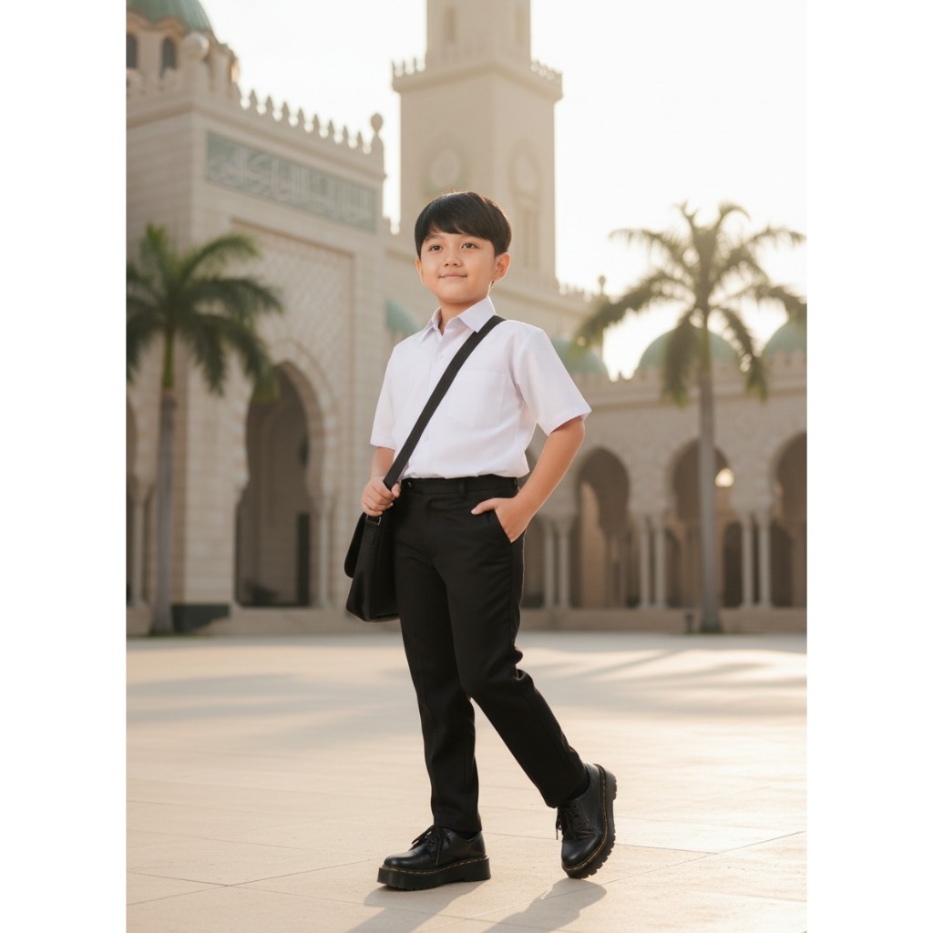 JUNIOR HIGH SCHOOL UNIFORM กางเกงสีดํายาวสําหรับเด็กผู้ชายพร้อมเอวยาง