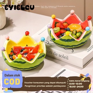 Eyre Piring Buah Semangka Keramik Kreatif + Sumpit Buah Set - Untuk Meja Tamu Keramik Kreatif Semangka Buah Piring Rumah Tangga Meja Teh Buah Mangkuk Buah Visual Cutie Sten Fork Set