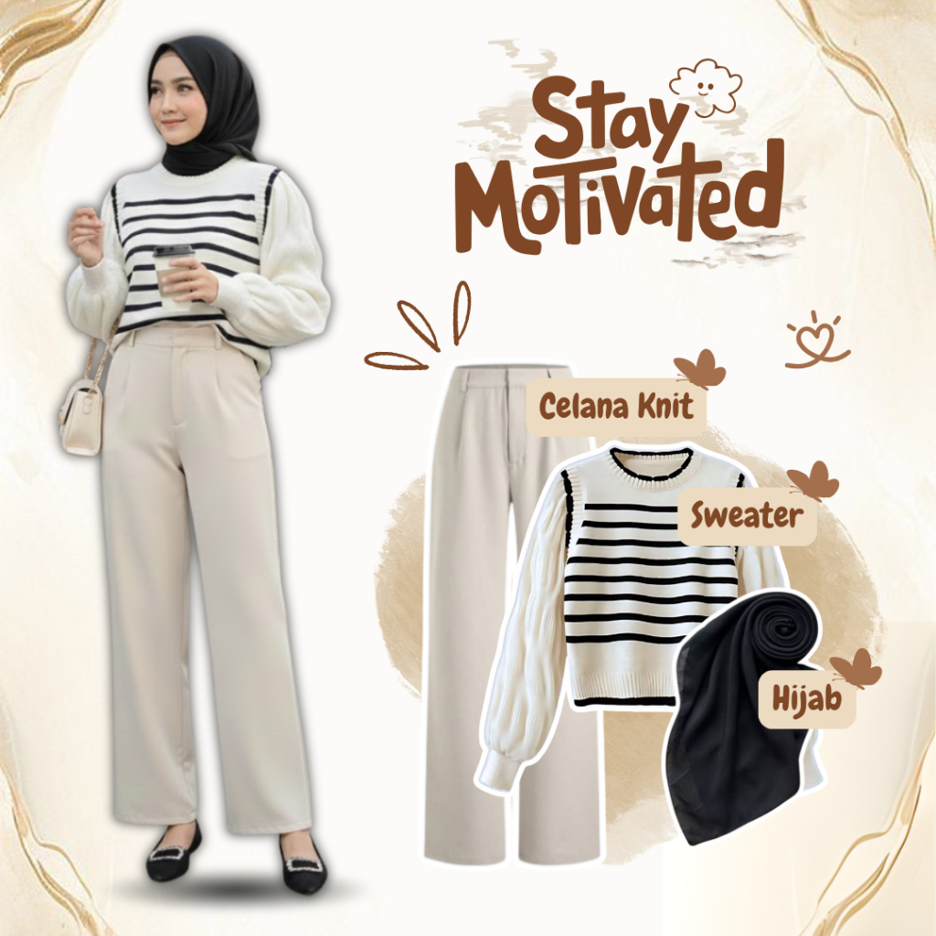 One Set for Girls Daily Casual (เสื้อสเวตเตอร์ลายทาง, กางเกงงาช้าง, Bella Square) วัยรุ่นอินเทรนด์ O