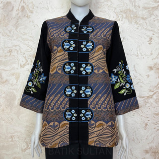 Atasan Batik Blouse Wanita Bordiran Premium Kain Katun Doby Elegan l Batik Cewe Mewah Kantor Kondangan Terkini Kain Doby Exclusive Full Furing Lapisan Tricot Waffle Biru Coksu Hijau Sage