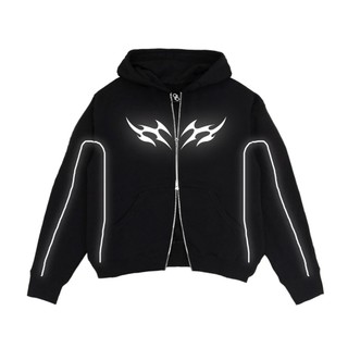Gadabang Hoodie Boxy Double Zipper Oversize List Menyala Sablon Reflective Love Hitam