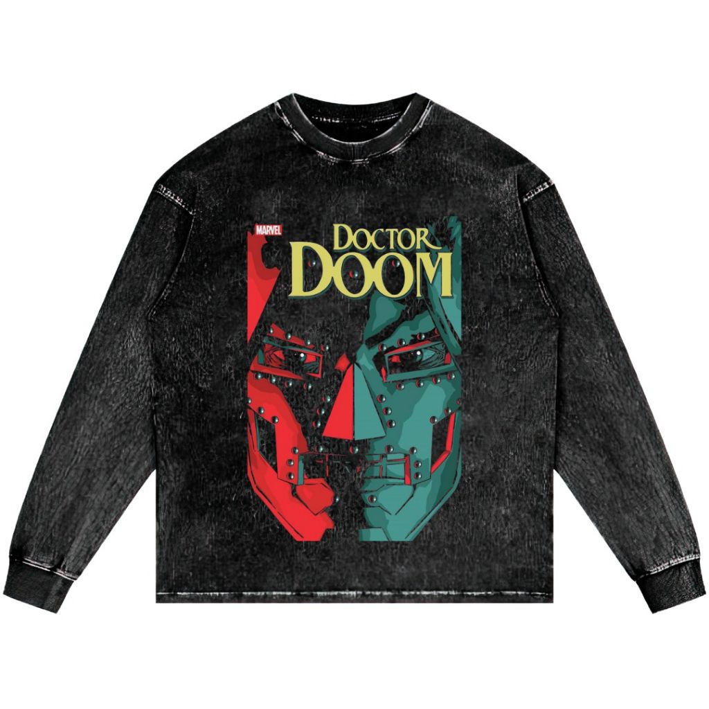 DOCTOR DOOM LONG SLEEVE OVERSIZE เสื้อยืด STONE WASH VINTAGE TEE UNISEX TOP COMICS CLOTHES