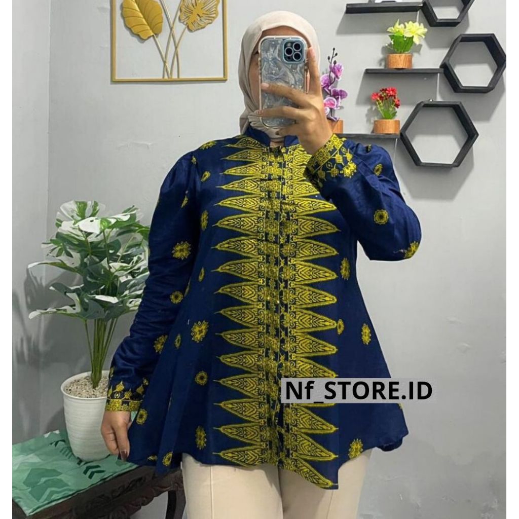 KEMEJA Puffy Jnangan Batik Blouse, Modern Womens Top, Puffy Long Sleeve Batik Shirt, Janggan Stripe 