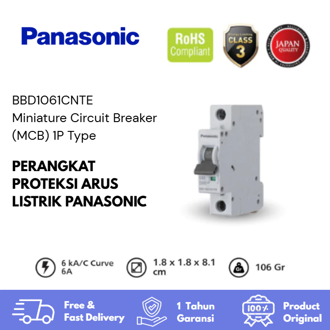 Panasonic MCB (Miniature Circuit Braker) 6kA 1P1E 6A C Type - BBD1061CNTE