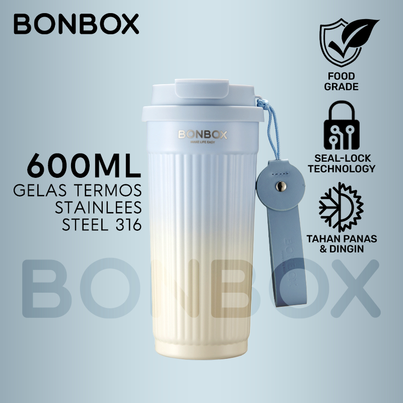 BONBOX 316 แก้วน้ําสแตนเลสถ้วยกาแฟแบบพกพา 600ml 12H สายหนังเย็น Dual Sip ฝาปิดคอลัมน์โรมันออกแบบ BKL