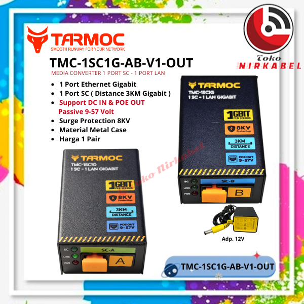 Tarmoc TMC-1SC1G-P-V1-OUT | Media Converter 1FO 1LAN / 1 FO 1 LAN Gigabit POE IN POE out 9-57 Volt |