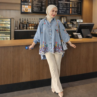 Acha / Arie / Pamela / Namia Jeans Motif Bunga Atasan JUMBO Wanita Jeans Bordir ORI