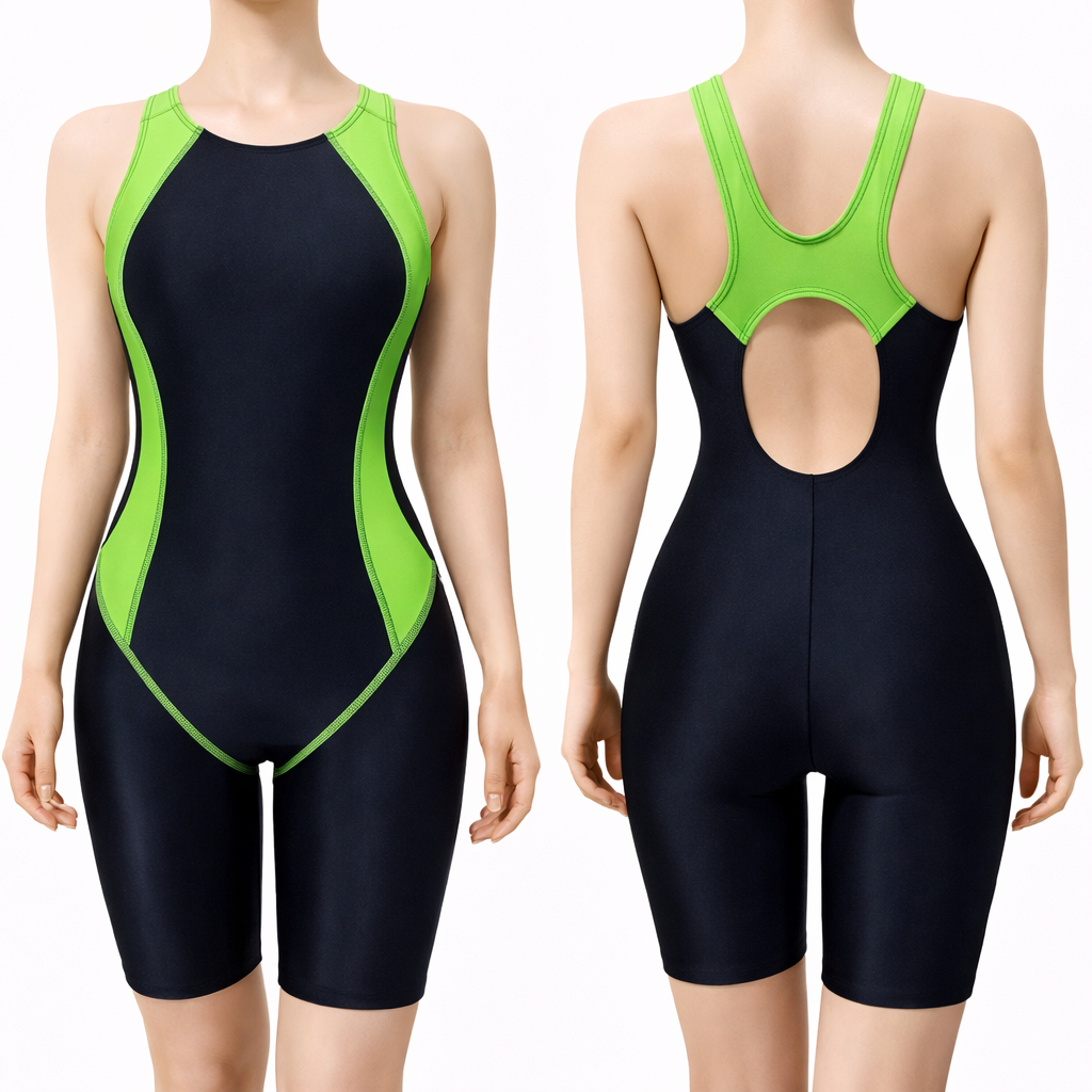 HIJAU ชุดว่ายน้ําสตรี – ชุดว่ายน้ําสําหรับผู้ใหญ่ – สีดํา + STABILO GREEN – FREE NAME PRINTING