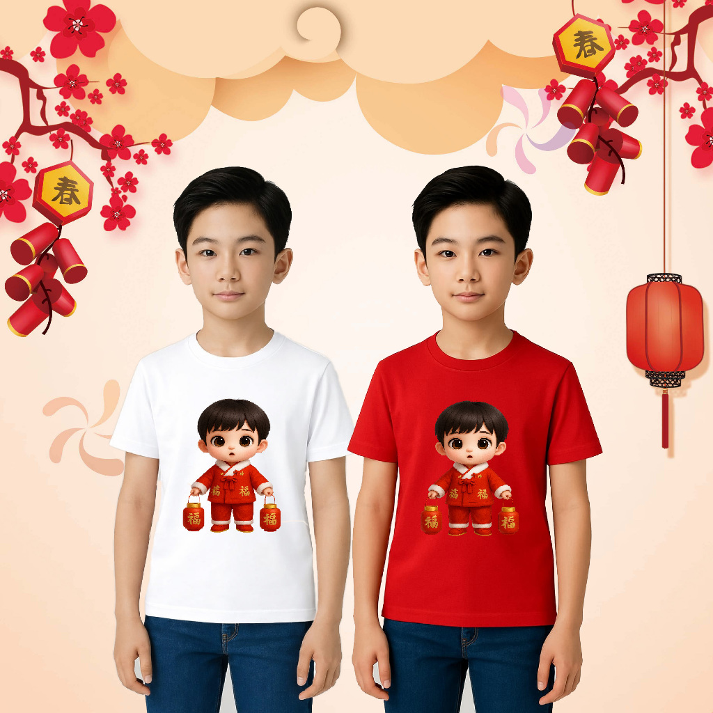 KEMEJA C01 ตรุษจีนเสื้อยืดเด็ก CNY gong xi ไขมัน chai gongxi ตรุษจีน wan se ru yi xin nian kuai le n