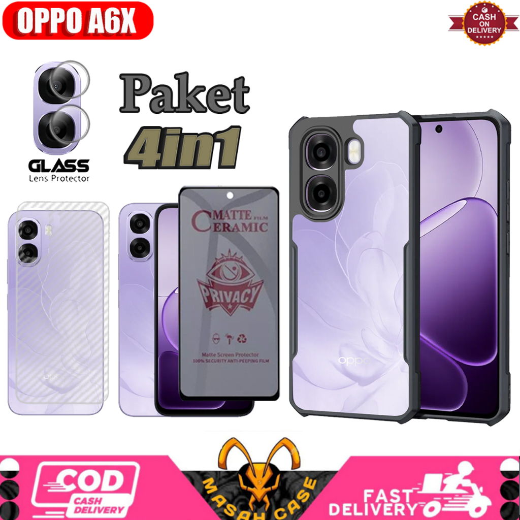 4IN1 เคสกันกระแทก OPPO A6X A6 A6T Bonus กระจกนิรภัยความเป็นส่วนตัว + เลนส์กล้อง + Carbon Garskin
