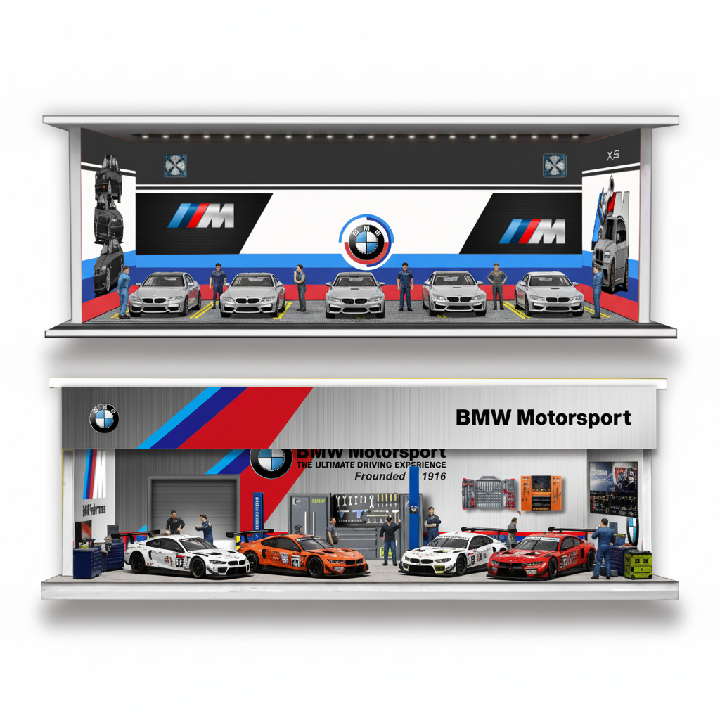 KRMK GARAGE DIORAMA GARAGE 1:64 GARAGE BMW LED Display Rack รถDiecast Hot Wheels Mini GT