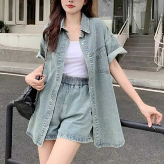 Oneset Kemeja Denim Retro Kasual Longgar, Kemeja Denim Kasual Dan Celana Pendek fashion Korean Style