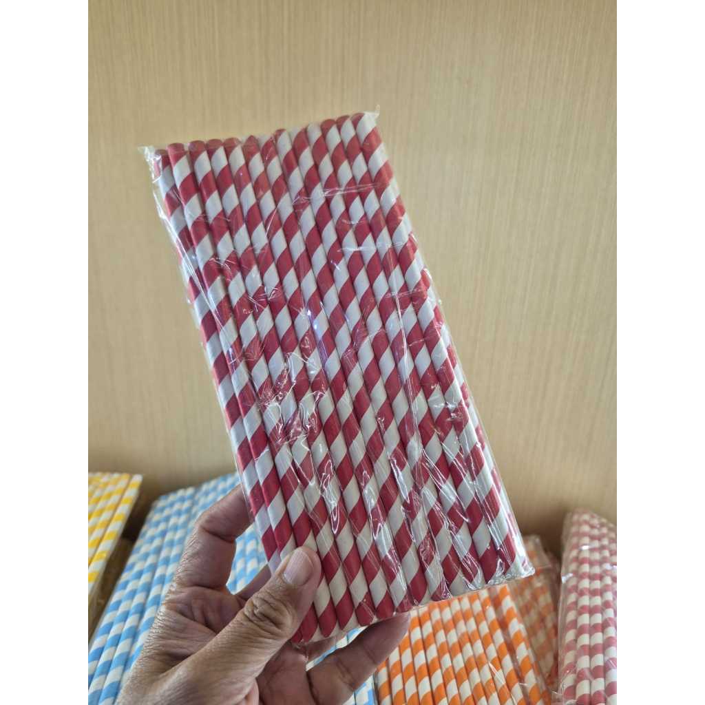 MERAH กระดาษ STRAW 20 ซม.กระดาษยาว STRAW 6 มม.DIAMETER SOLD ต่อแพ็คความร้อน 25 ชิ้น AVAILABLE 4 สีสี