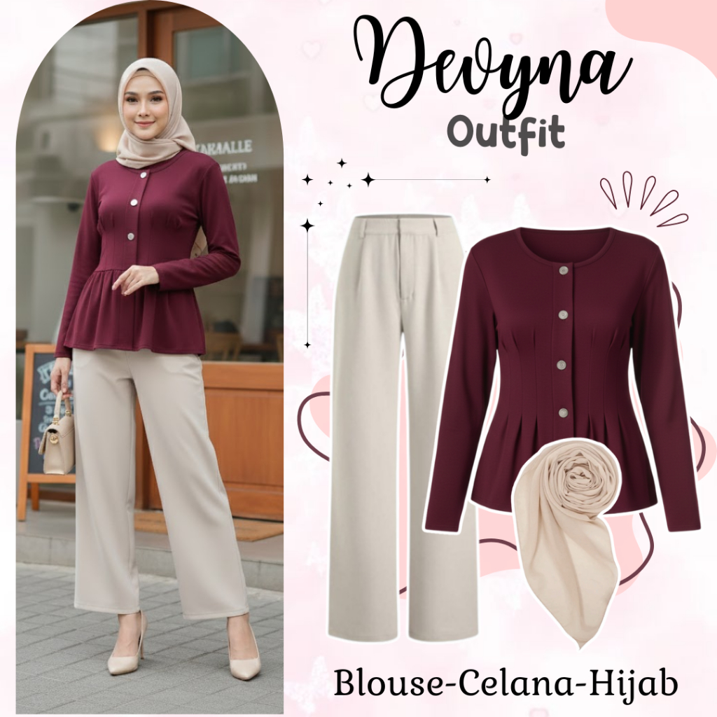 Devyna Outfit Hijab เรียบง่ายและทันสมัย (Blouse, กางเกง Jennie, Bella Square) แฟชั่นผู้หญิง - KA108