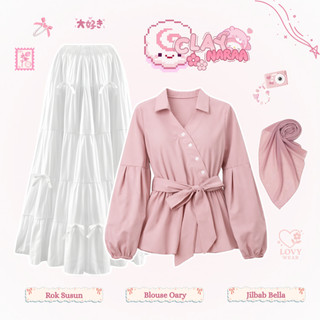 Outfit Remaja Oneset Korean (Blouse Oary, Rok Susun Pita, Jilbab Bella) Pink Lucu 3in1 Fairy Style - LW89