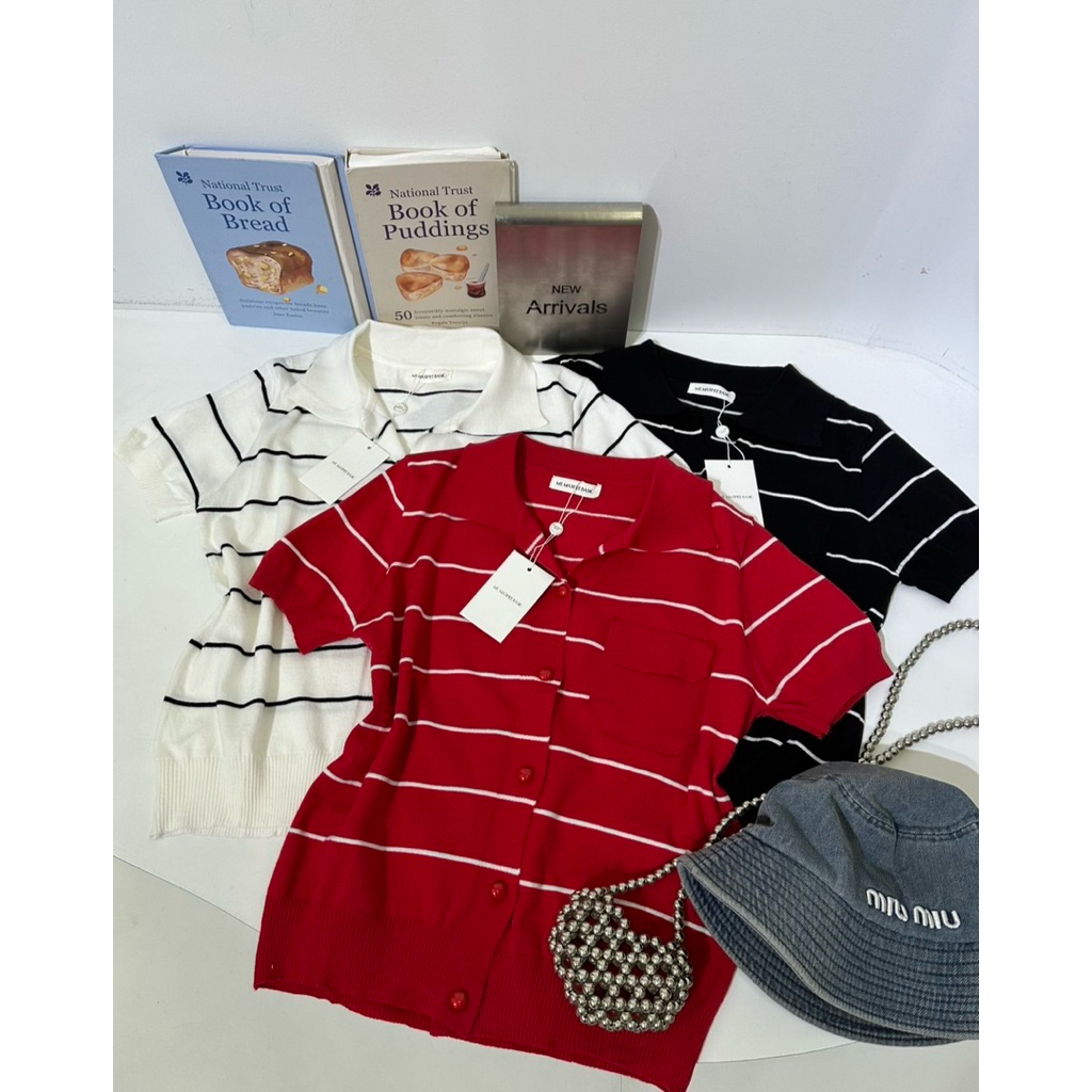 M2M-421 เสื้อถักแขนสั้นลายทางสําหรับผู้หญิง