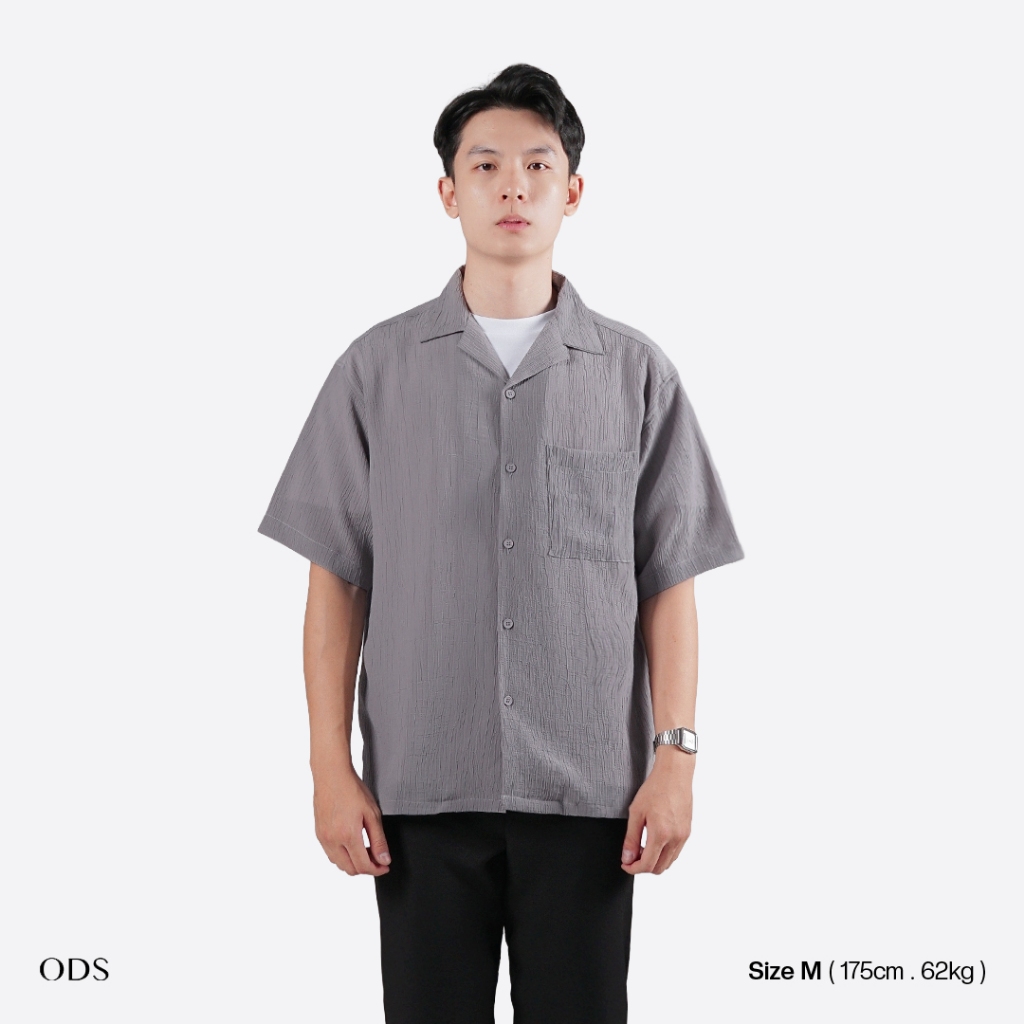 ODS เสื้อเชิ้ตแขนสั้นคอปกเปิด Crinkle Charcoal Grey