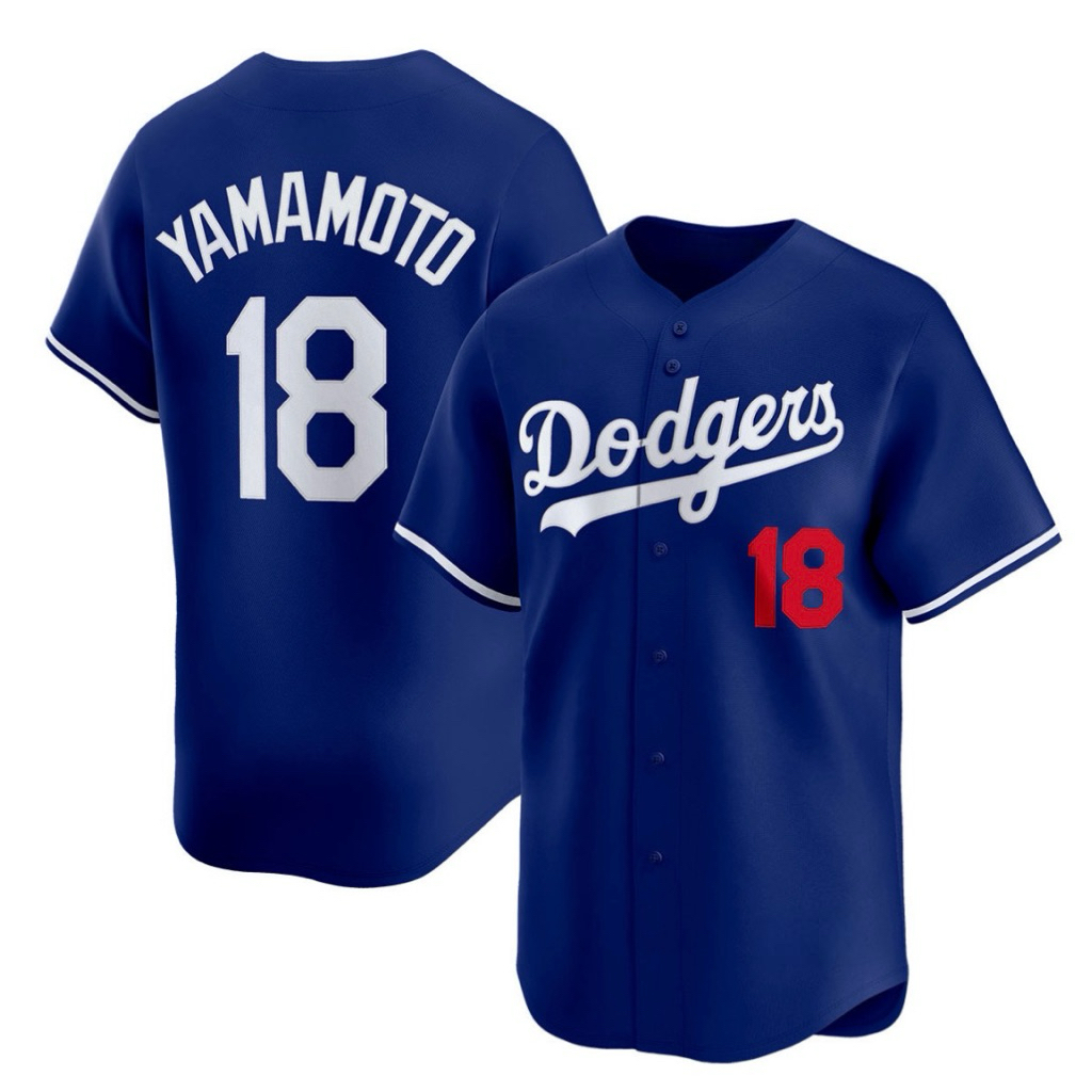 นําเข้า EMBROIDERY JERSEY BASEBALL SHIRT LA LOS ANGELES DODGERS 18 YOSHINOBU YAMAMOTO สีฟ้า