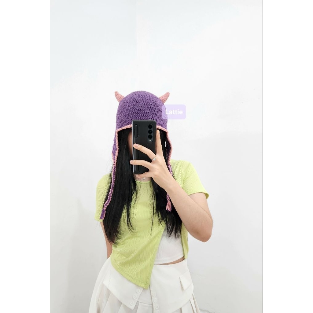 HANDMADE DEVIL BEANIE/หมวกปีศาจ/หมวกบะหมี่แดง/หมวกทรงวงรี/หมวก/หมวกผ้า/หมวกผ้า/Y2K FASHION/Y2K หมวกถ