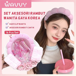 Wavvy Set Aksesori Rambut Headband Cuci Muka Korea 16Pcs/ Bando,Jepit Rambut Bunga,Ikat Rambut