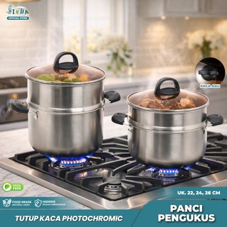 SINDA Panci Kukus 1/2 Tingkat Pengukus Alat Kukus 2 Layer Panci Kukusan Stainless Steel Tutup Kaca