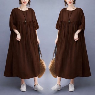 Midi Dress Polos Bahan Rayon Twill - Dress Wanita Kasual Lengan Balon 7/8
