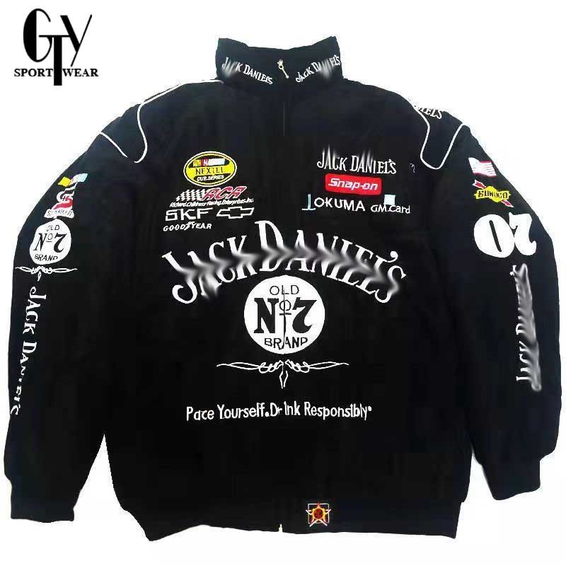 GTY Mens Vintage Racing Jacket เย็บปักถักร้อยเต็มรูปแบบรถจักรยานยนต์พรีเมี่ยม Cool Black เบสบอล Ferr