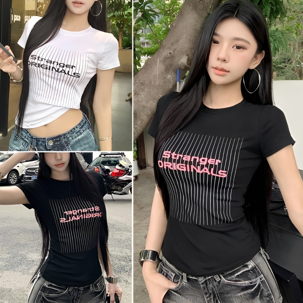 เสื้อยืด Y2K Cotton Print Rounding Short Neck White Black Size ML XL Summer