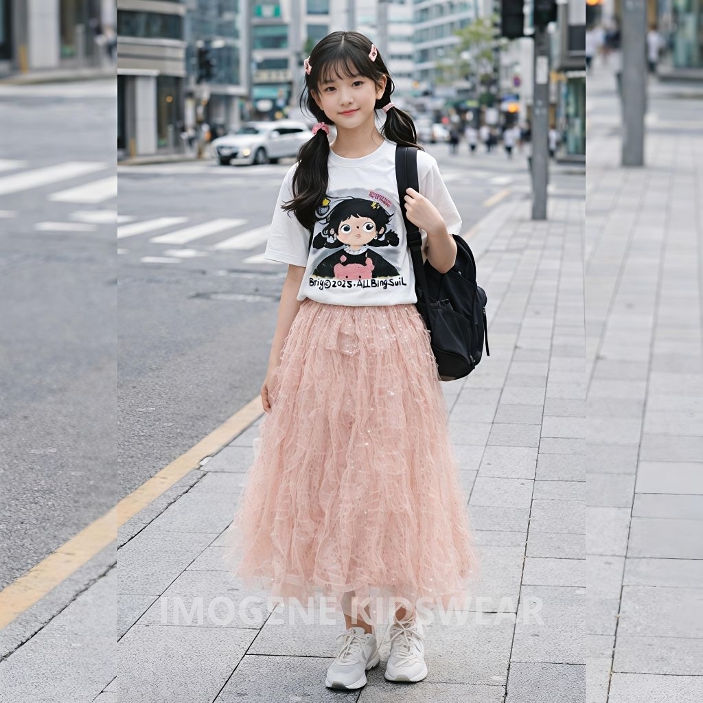 ER-557 IMPORTED GIRLS SHORT SKIRT SET AGE 8-10 ปี OVERSIZED SHORT-SLEEVED เสื้อยืด TOP SET 7/9 LONG 